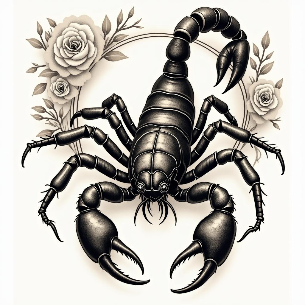 Scorpion with sharp, detailed clawsin victorian style tattoo, featuring vintage and elegant elements, ornate frames, roses, antique, sepia-toned color scheme - Variation 3