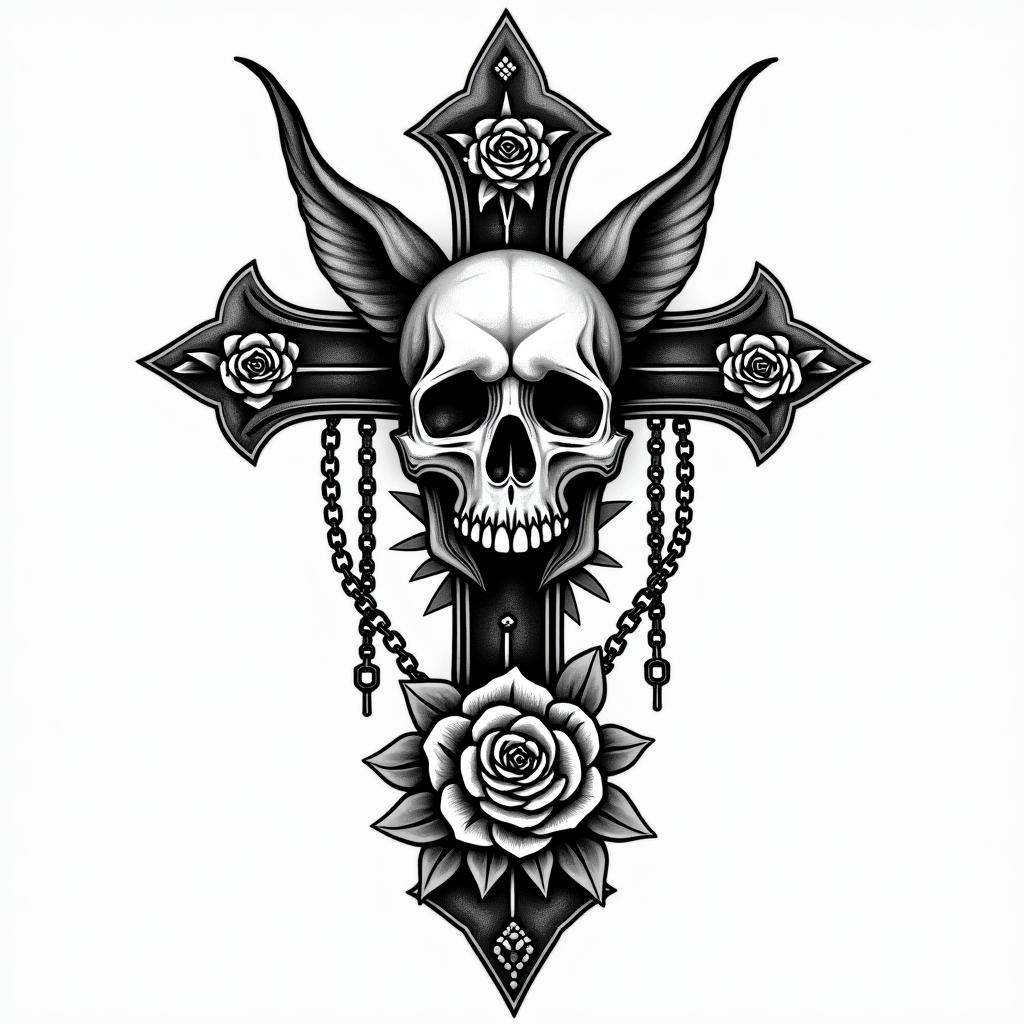 Hen dogin chicano style tattoo, featuring intricate black and grey shading, bold elements of traditional chicano culture symbols, add a big cross with skull, chains and roses - Variation 4