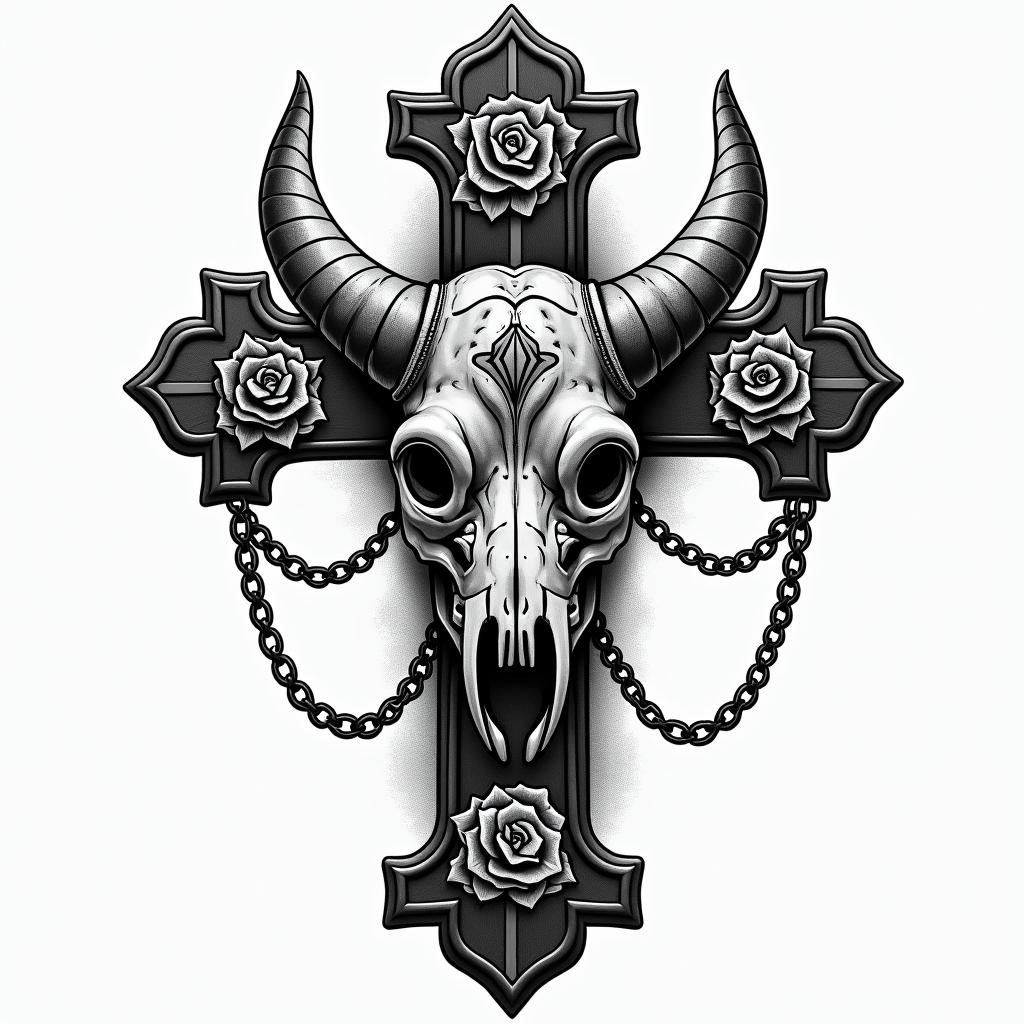 Hen dogin chicano style tattoo, featuring intricate black and grey shading, bold elements of traditional chicano culture symbols, add a big cross with skull, chains and roses - Variation 2
