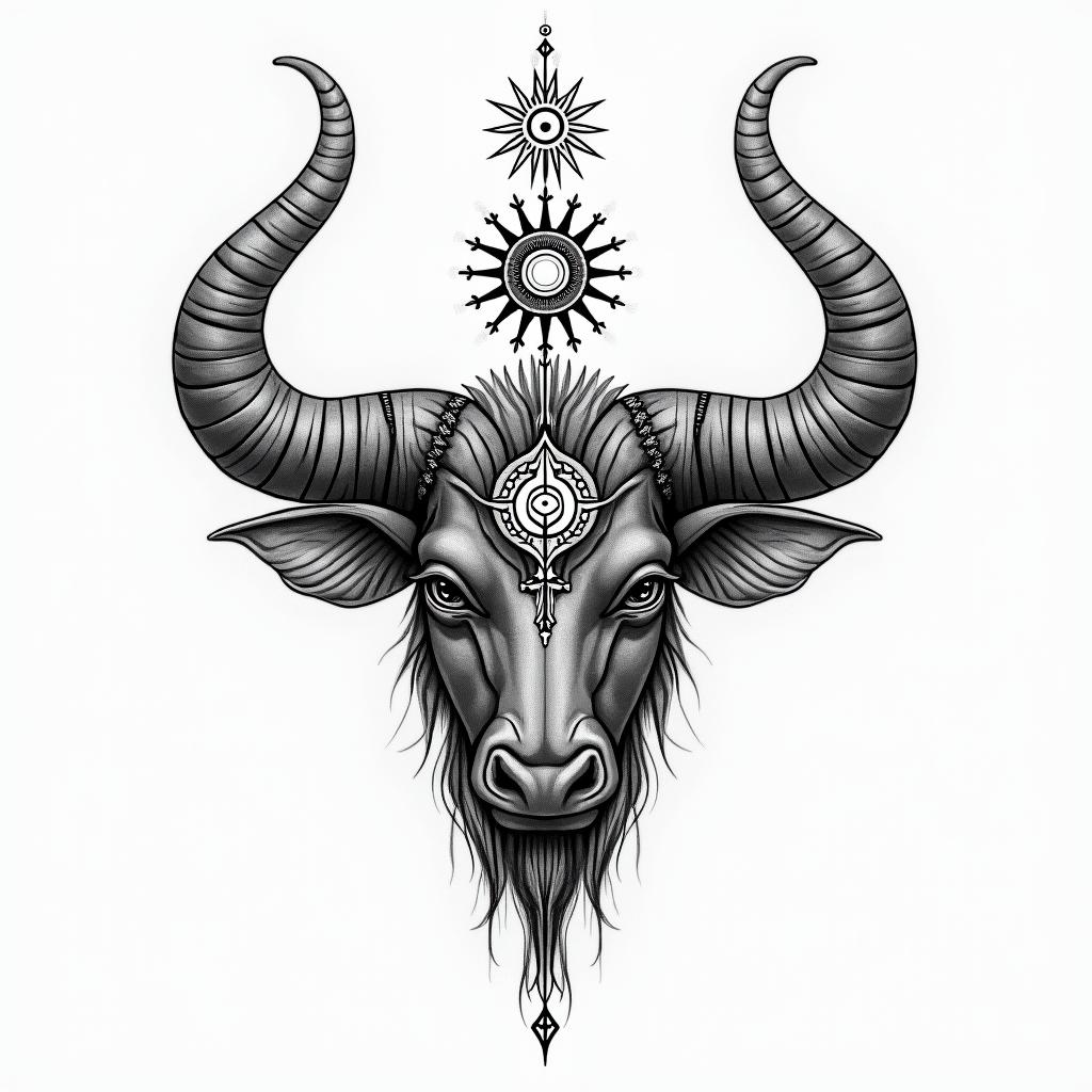 Destiny, Taurus, Floridain spiritual symbols tattoo style, featuring an intricate design incorporating elements, Hamsa hand, third eye, minimalist composition - Variation 4