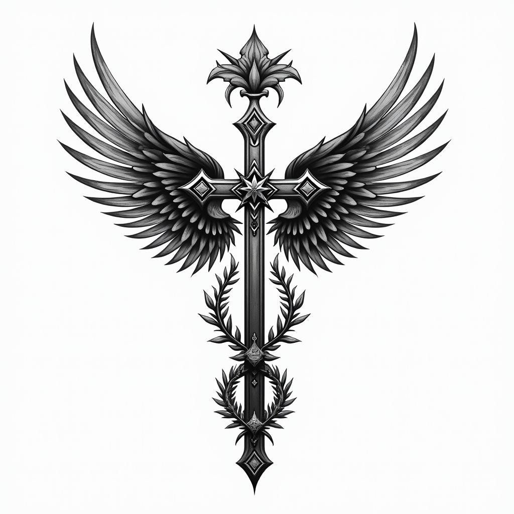 Cross and wings for tricepin bohemian style tattoo, 8k - Variation 4