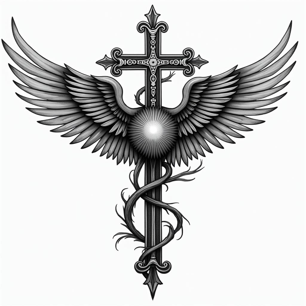 Cross and wings for tricepin bohemian style tattoo, 8k - Variation 2