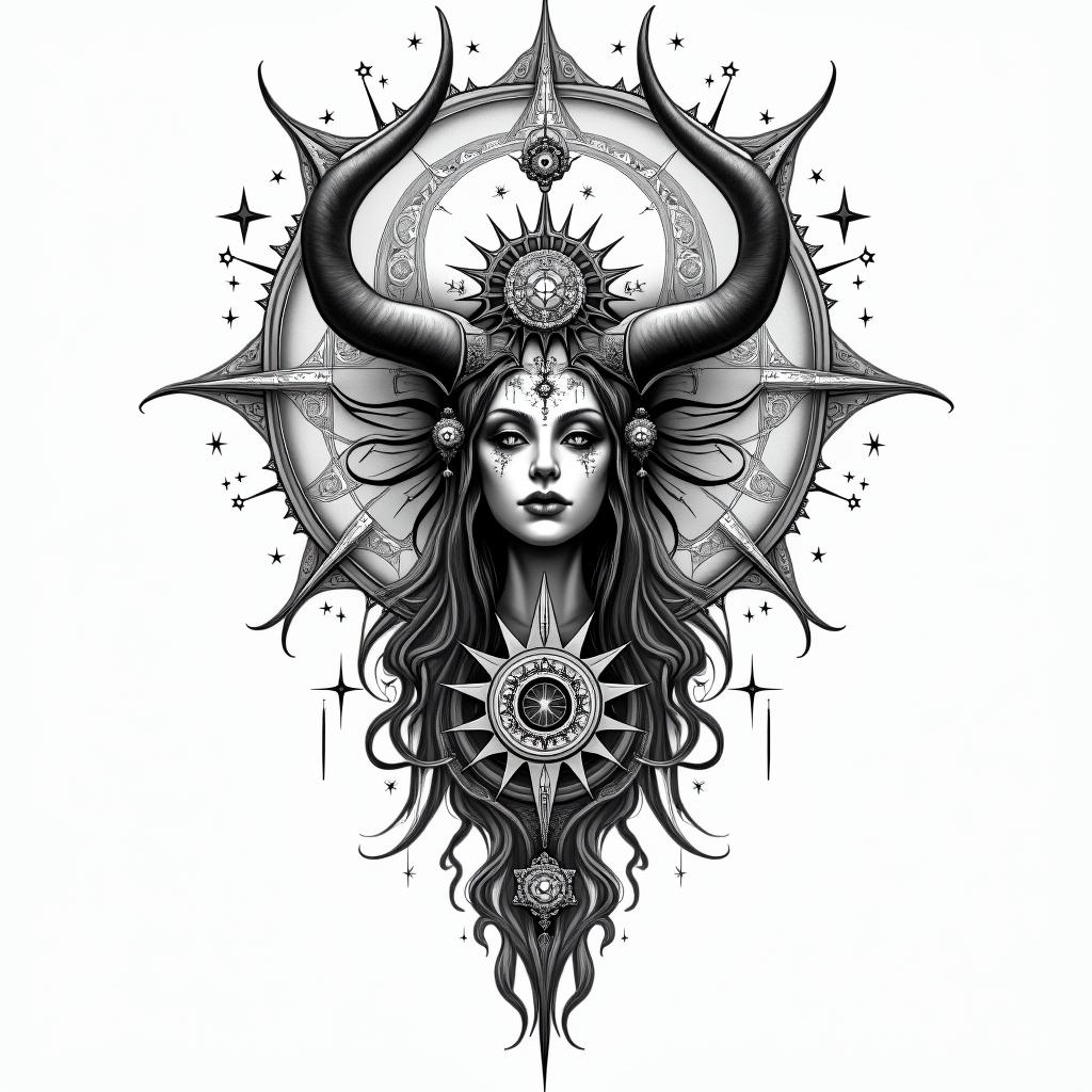 Nix the goddess of deathin prophecy tattoo style, featuring mystical symbols, celestial imagery like stars, moons, suns, geometric patterns, foretelling elements, an eye of wisdom - Variation 2
