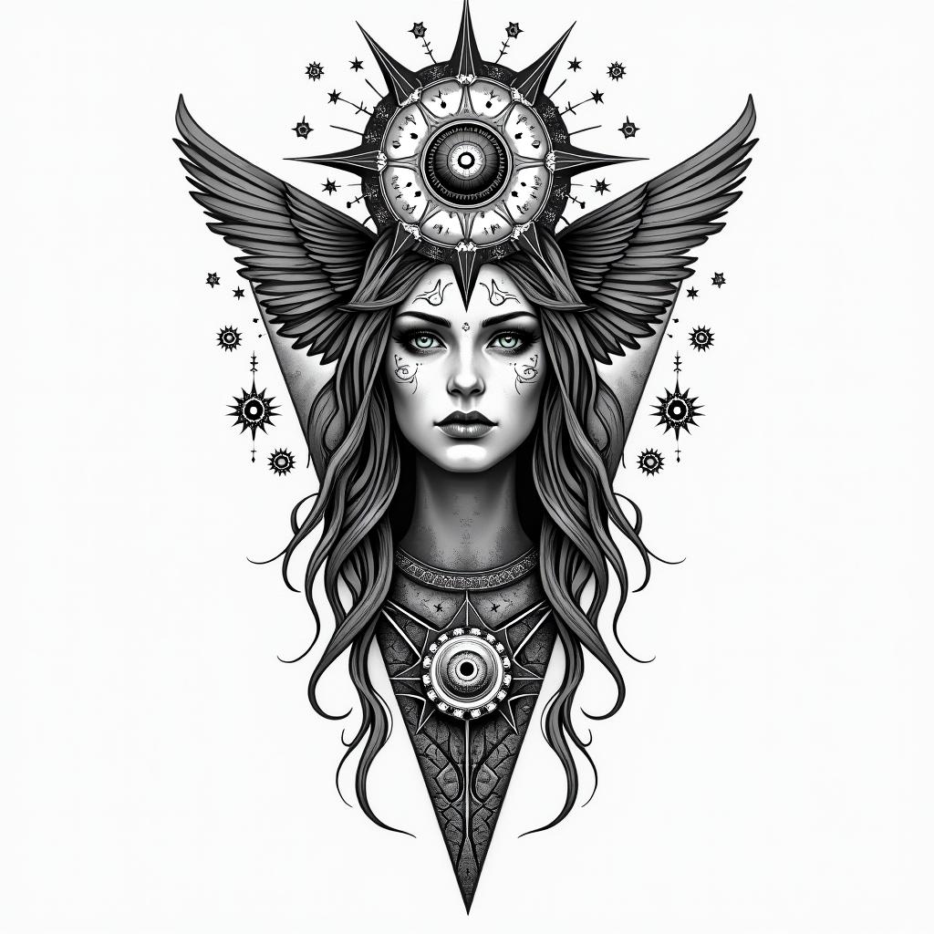 Nix the goddess of deathin prophecy tattoo style, featuring mystical symbols, celestial imagery like stars, moons, suns, geometric patterns, foretelling elements, an eye of wisdom - Variation 4