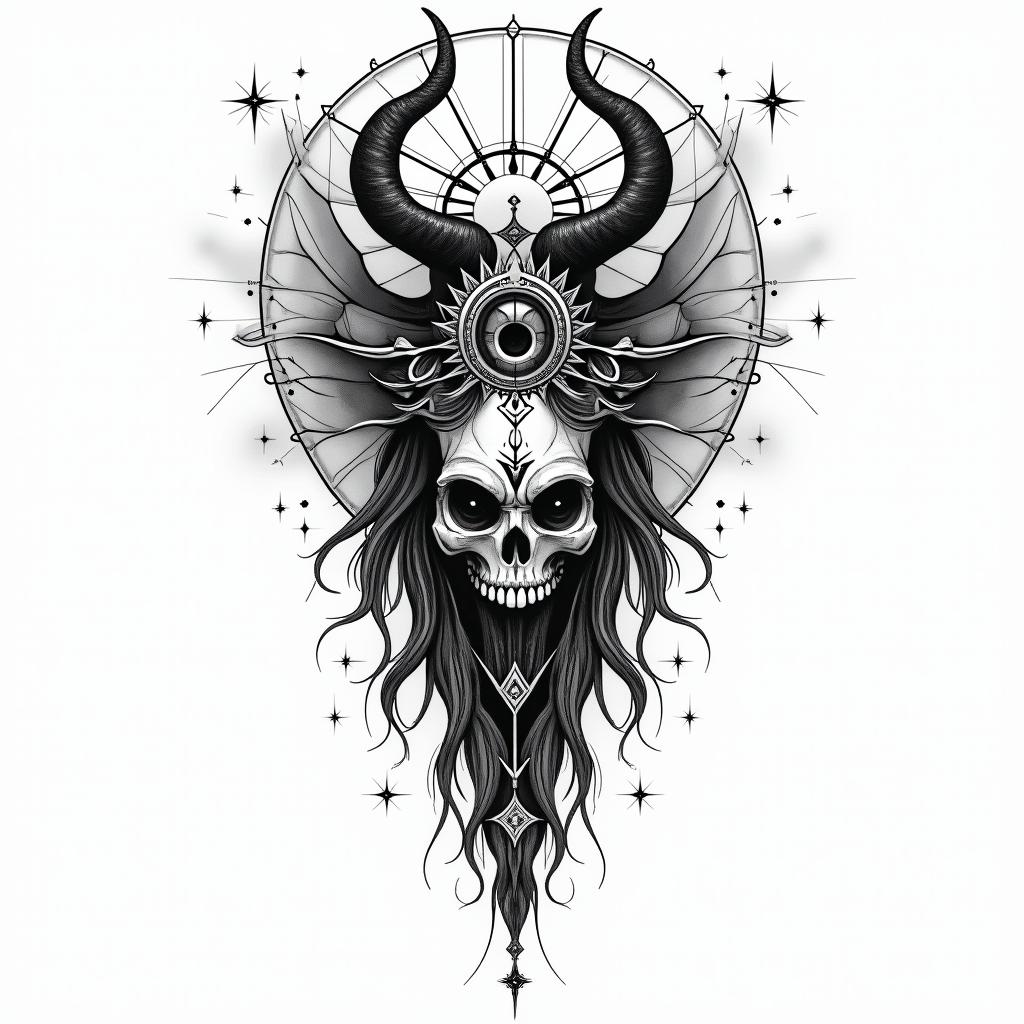 Nix the goddess of deathin prophecy tattoo style, featuring mystical symbols, celestial imagery like stars, moons, suns, geometric patterns, foretelling elements, an eye of wisdom