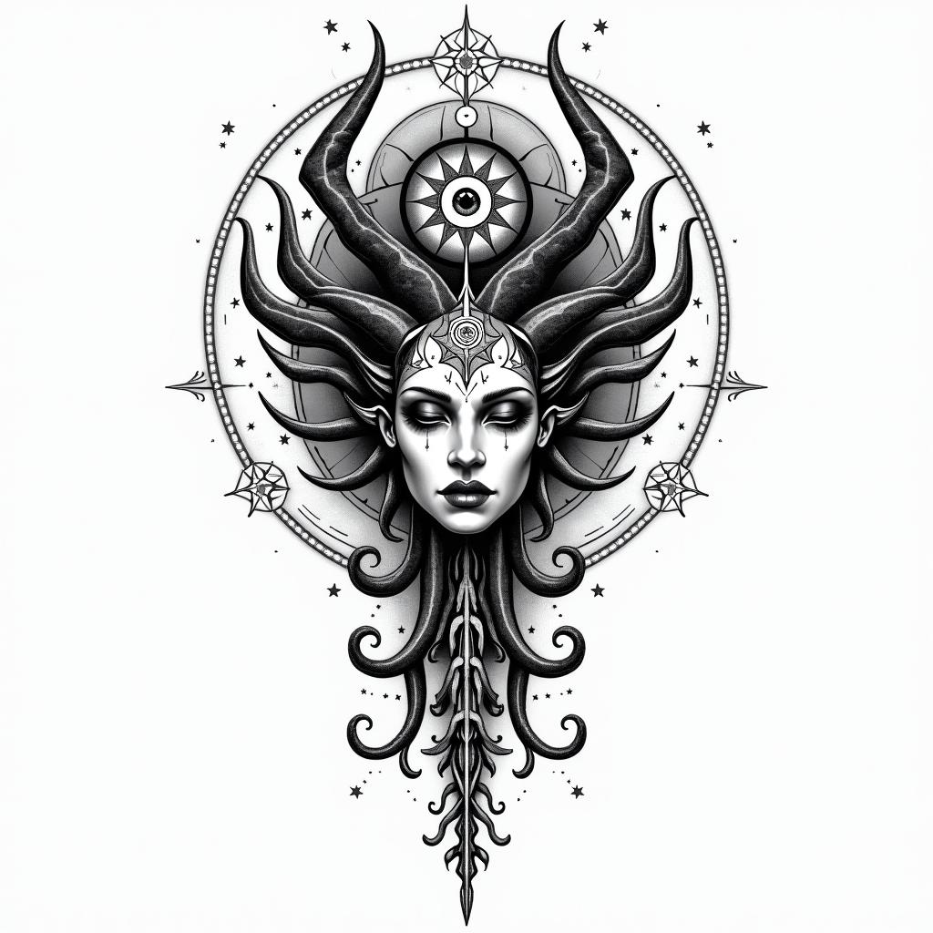 Nix the goddess of deathin prophecy tattoo style, featuring mystical symbols, celestial imagery like stars, moons, suns, geometric patterns, foretelling elements, an eye of wisdom - Variation 3