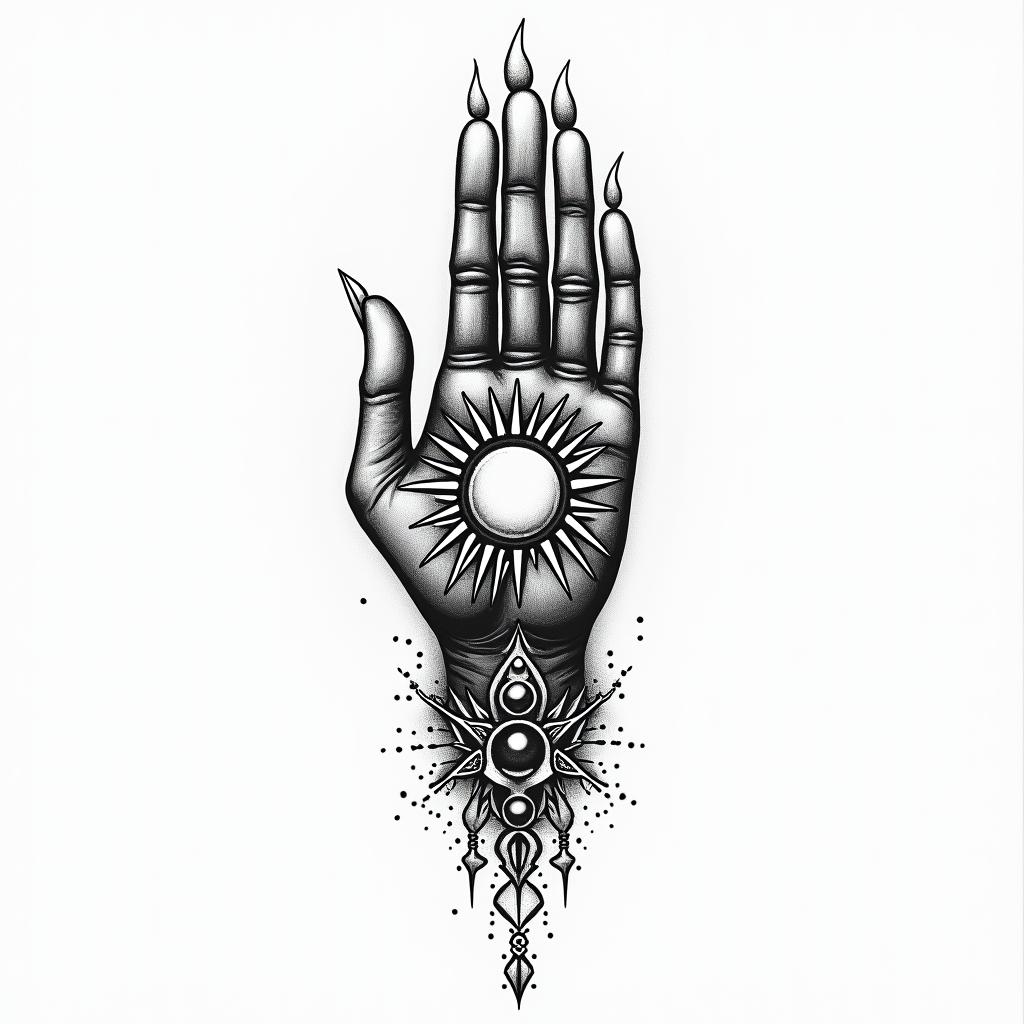 I want a buddhism hand with a flaming sun and arabic letters meaning water signs.in spiritual symbols tattoo style, featuring an intricate design incorporating elements, Hamsa hand, third eye, minimalist composition - Variation 3