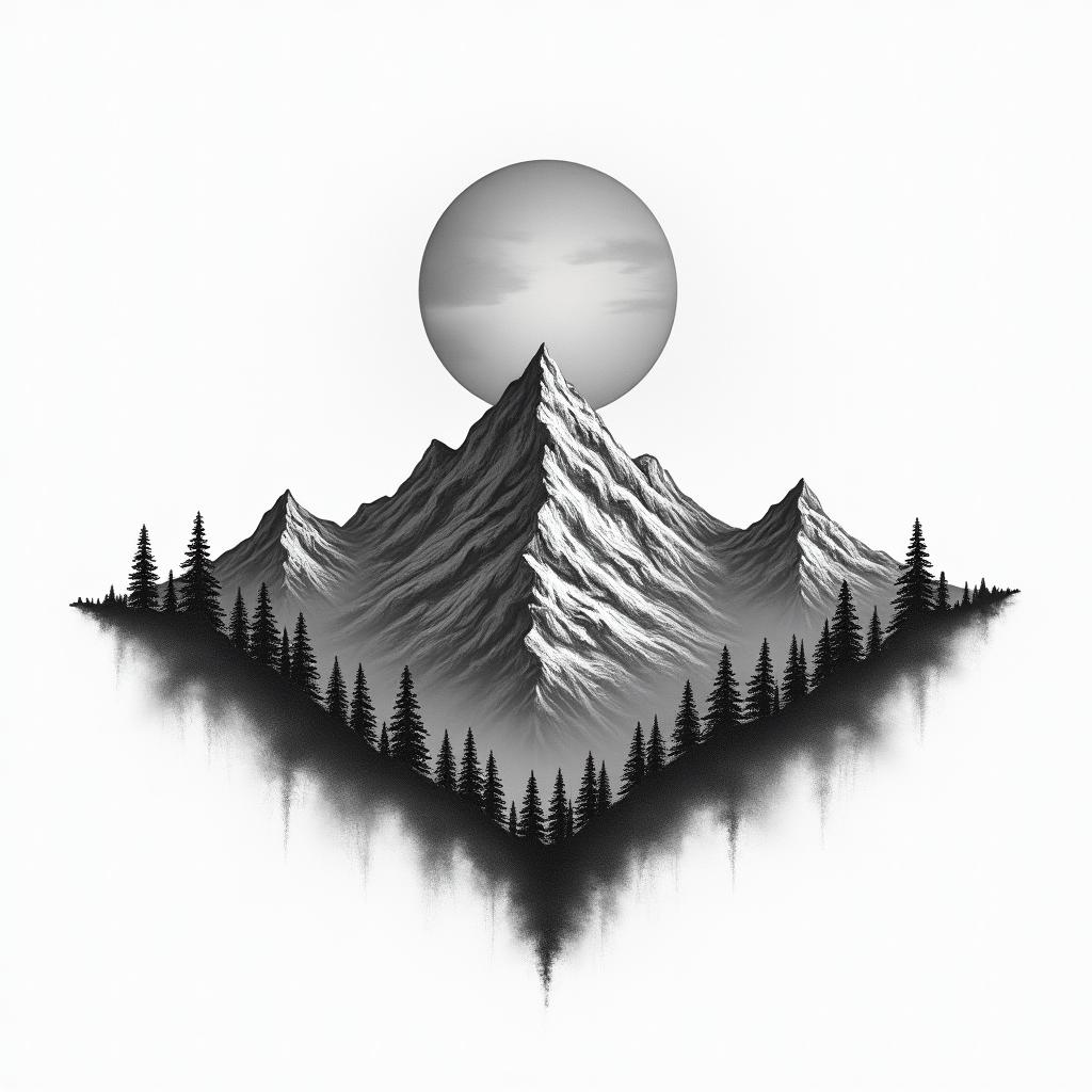 Mountain range with a rising sunhigly detailed tattoo - Variation 6