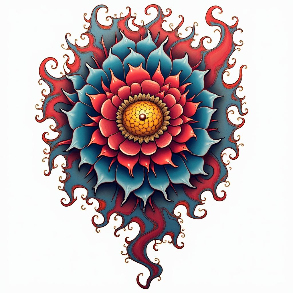 Fractal, mandelbrotin pop art style tattoo, featuring bold and vibrant colors, exaggerated outlines, iconic imagery, inspired by comic books and speech bubbles, comic book characters, retro pop culture - Variation 3