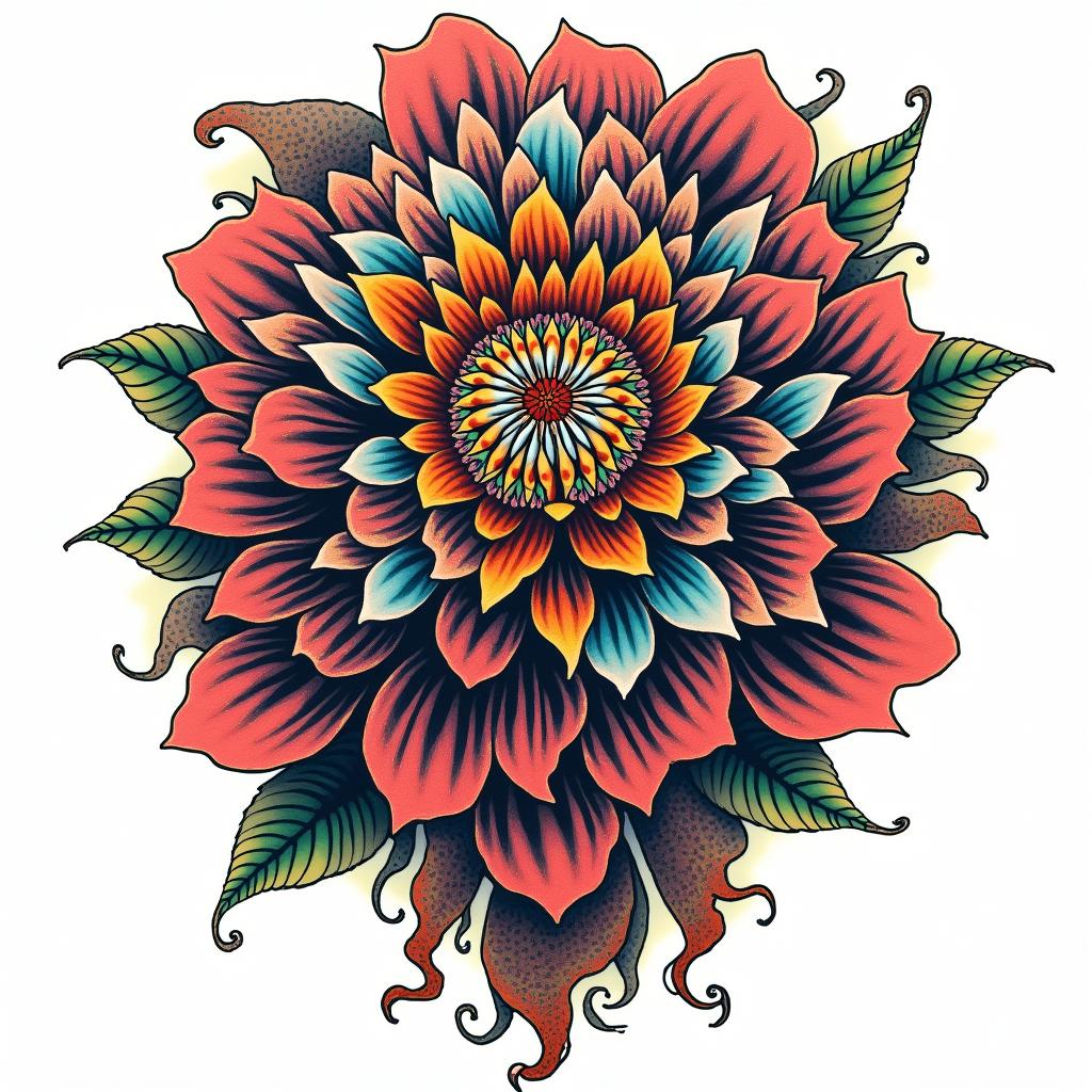 Fractal, mandelbrotin pop art style tattoo, featuring bold and vibrant colors, exaggerated outlines, iconic imagery, inspired by comic books and speech bubbles, comic book characters, retro pop culture