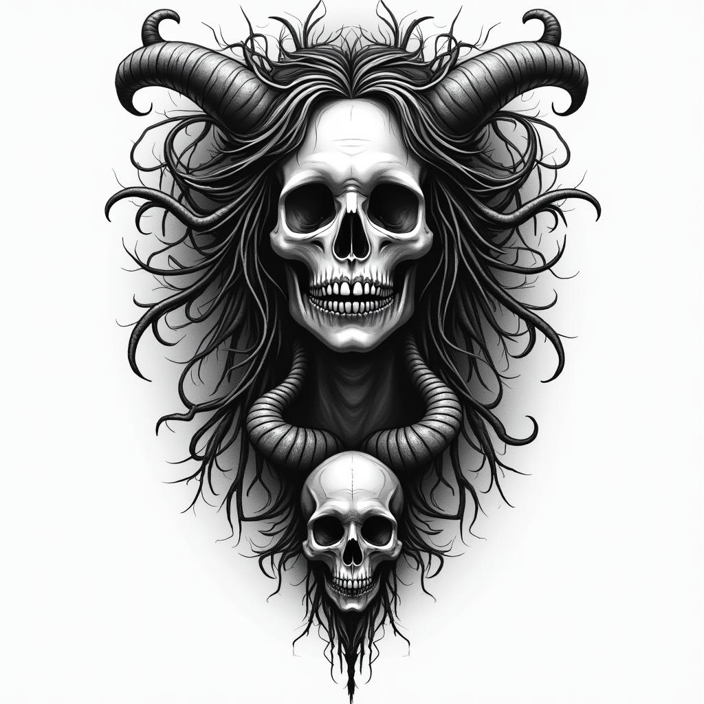 Nix the goddess of death in horror tattoo style, showcasing haunting and unsettling, dark and gritty textures with skulls, eerie faces, jgged designs, bold and intense shading - Variation 4