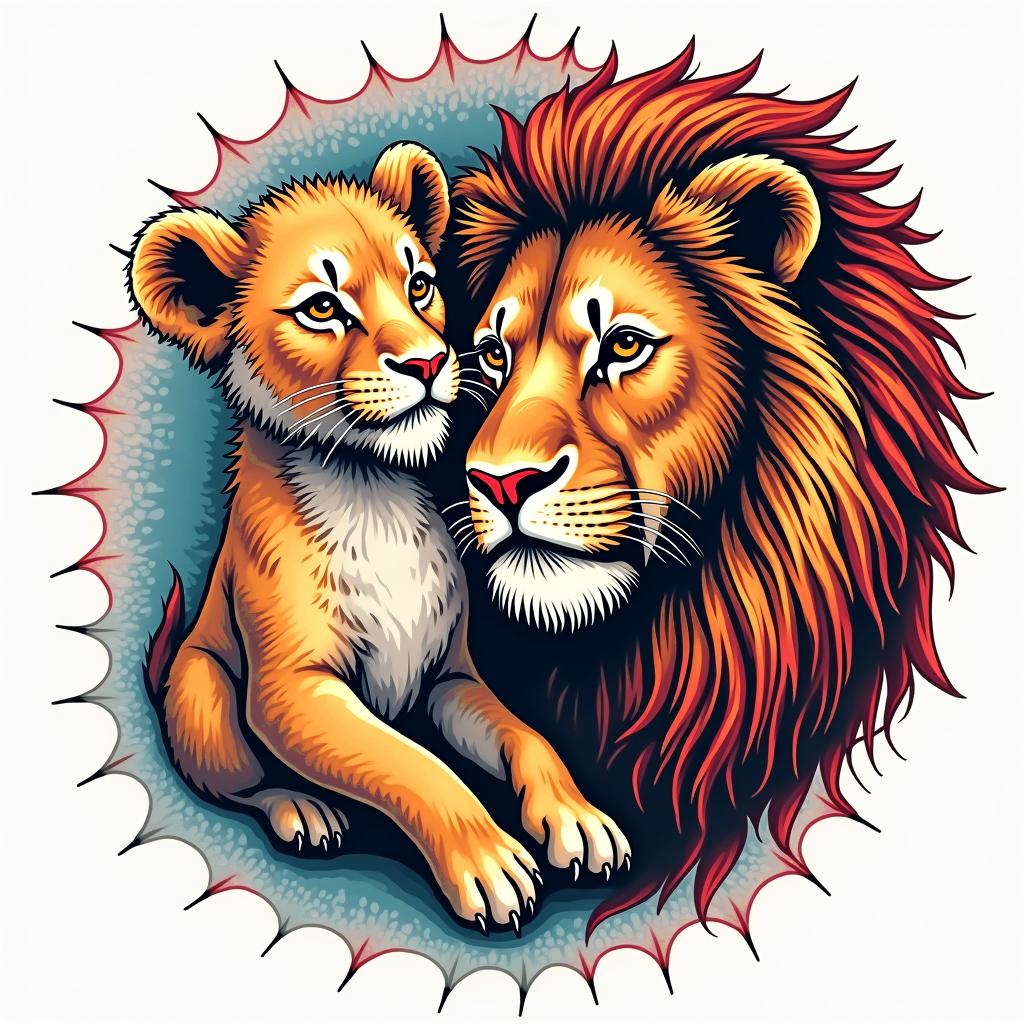 God, lamb, lion, family, self-lovein pop art style tattoo, featuring bold and vibrant colors, exaggerated outlines, iconic imagery, inspired by comic books and speech bubbles, comic book characters, retro pop culture - Variation 2
