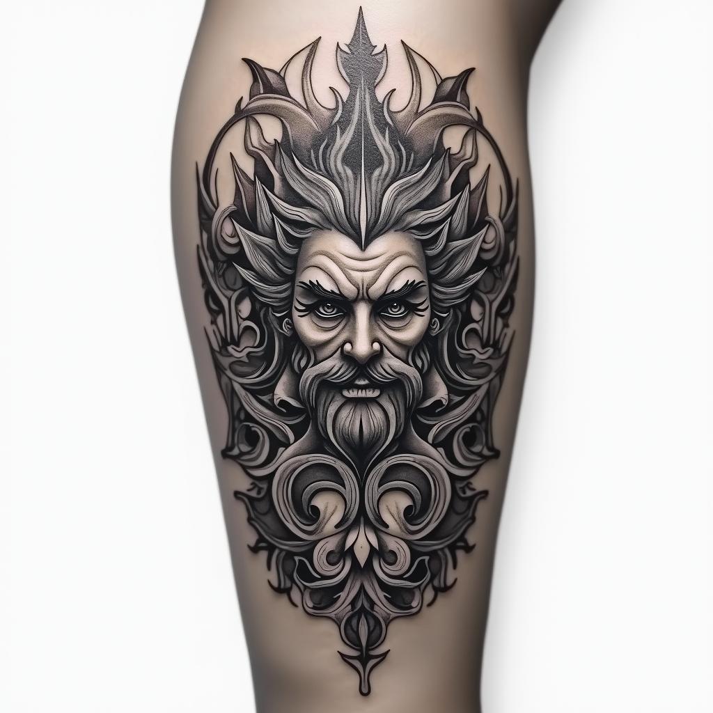 My name is BETE RENAUD, Use my name. Allude to modernity and God. It's a tattoo on the calf.in japanese style tattoo, detailed tattoo, traditional japanese culture tattoo, mythology, 8k - Variation 4