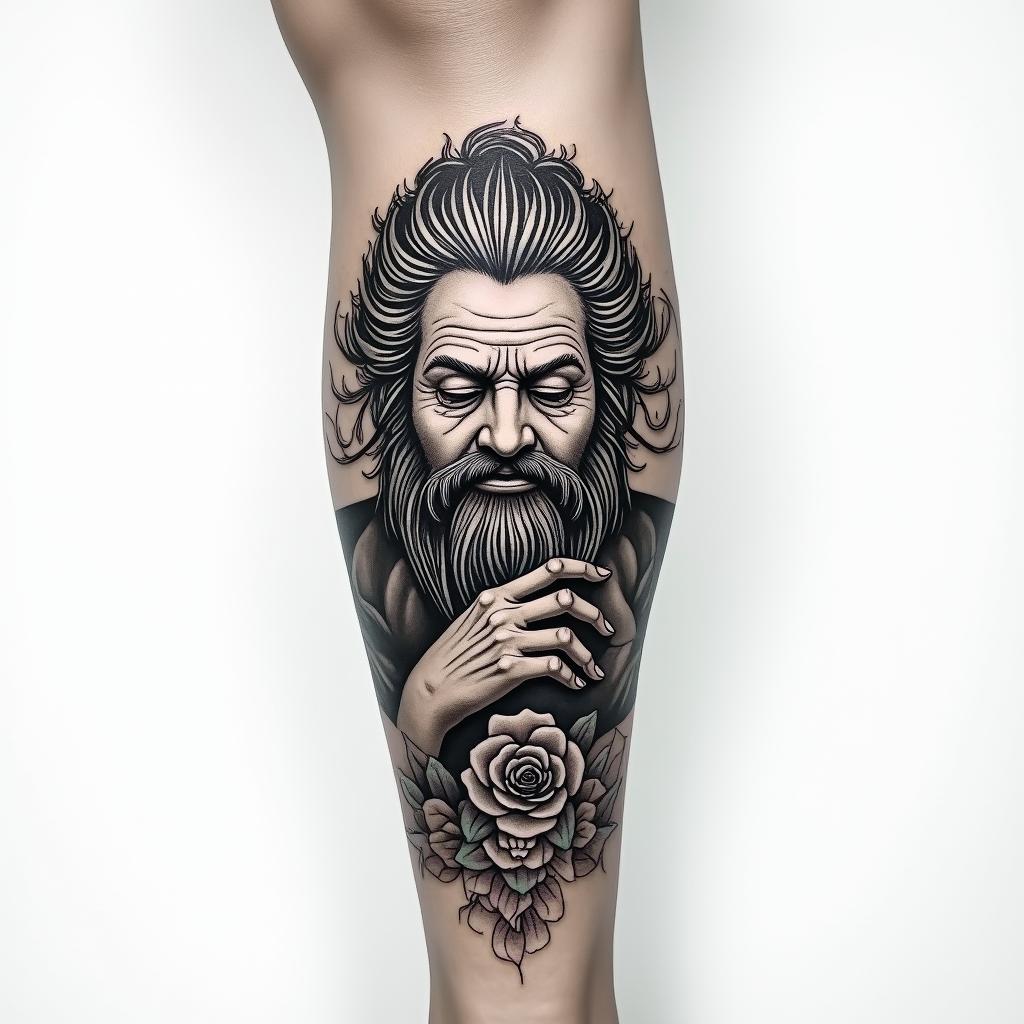 My name is BETE RENAUD, Use my name. Allude to modernity and God. It's a tattoo on the calf.in japanese style tattoo, detailed tattoo, traditional japanese culture tattoo, mythology, 8k