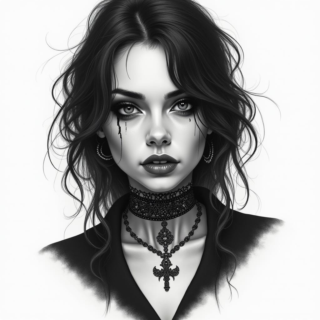 Pretty goth womanin portrait tattoo style, featuring a highly realistic and detailed depiction - Variation 4