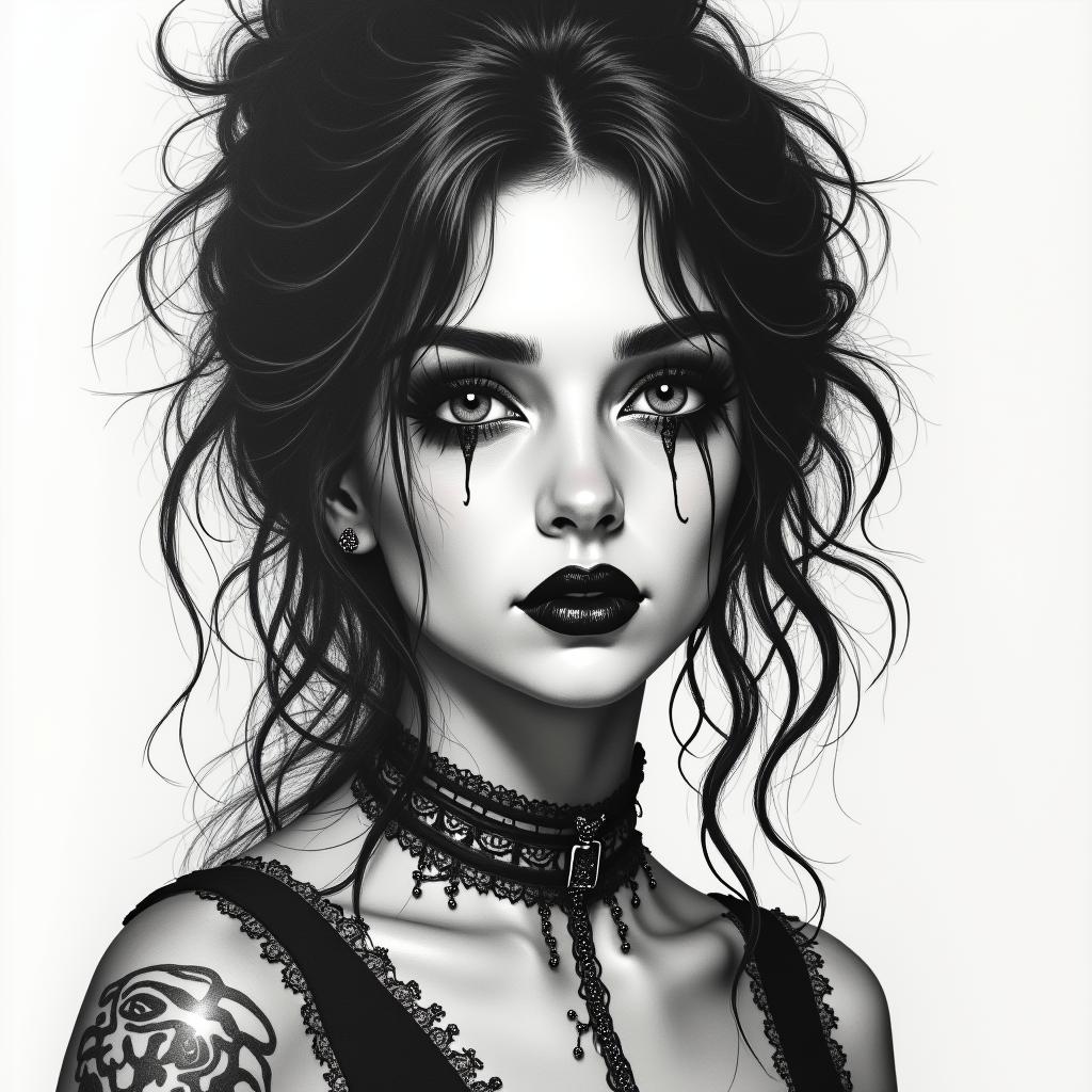 Pretty goth womanin portrait tattoo style, featuring a highly realistic and detailed depiction - Variation 3