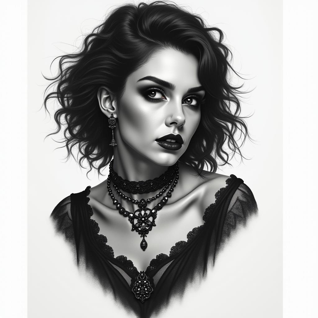 Pretty goth womanin portrait tattoo style, featuring a highly realistic and detailed depiction - Variation 2