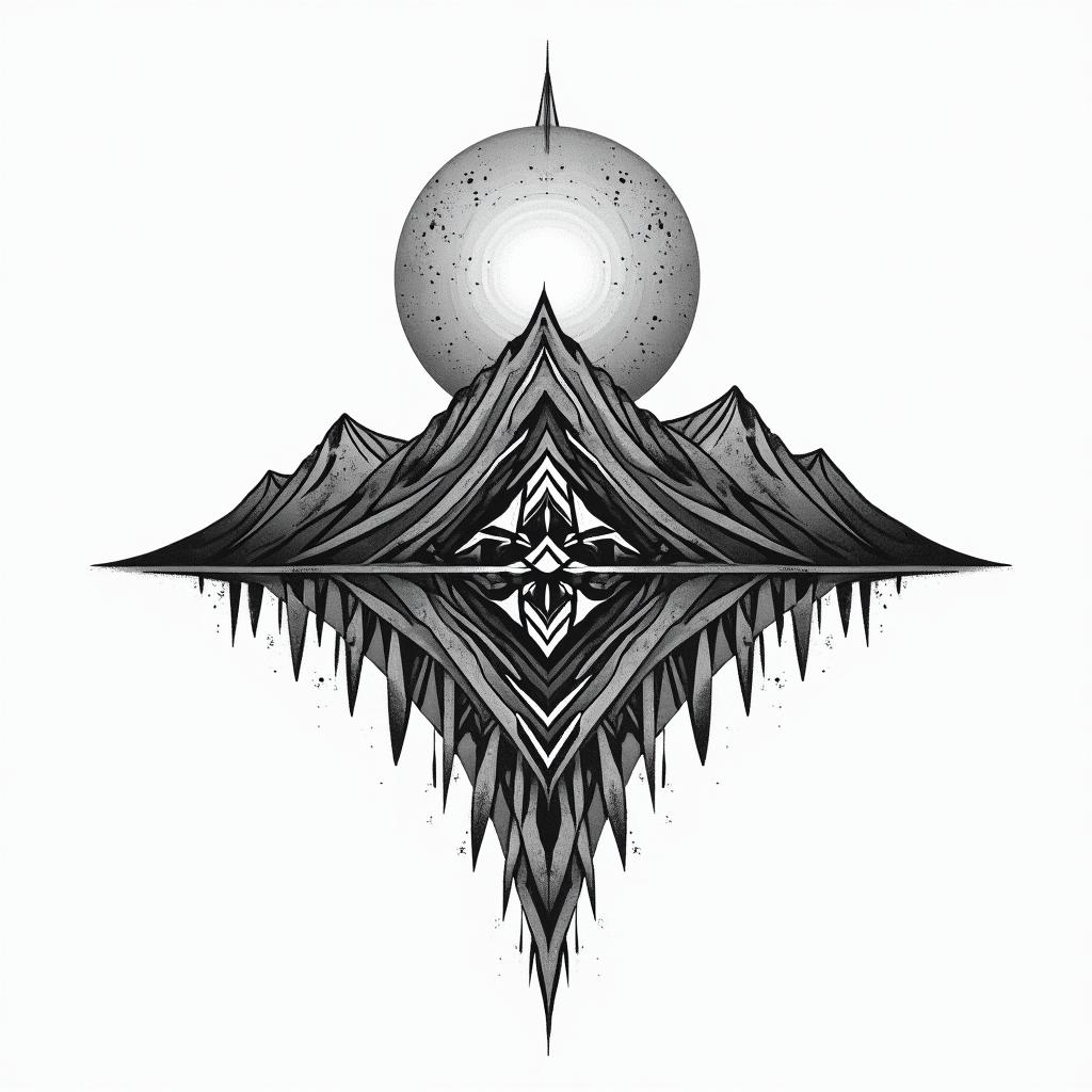 Mountain range with a rising sun in geometric style tattoo, blending hexagons, mandala-inspired patterns, symmetrical and fractal design, clean lines, sharp angles