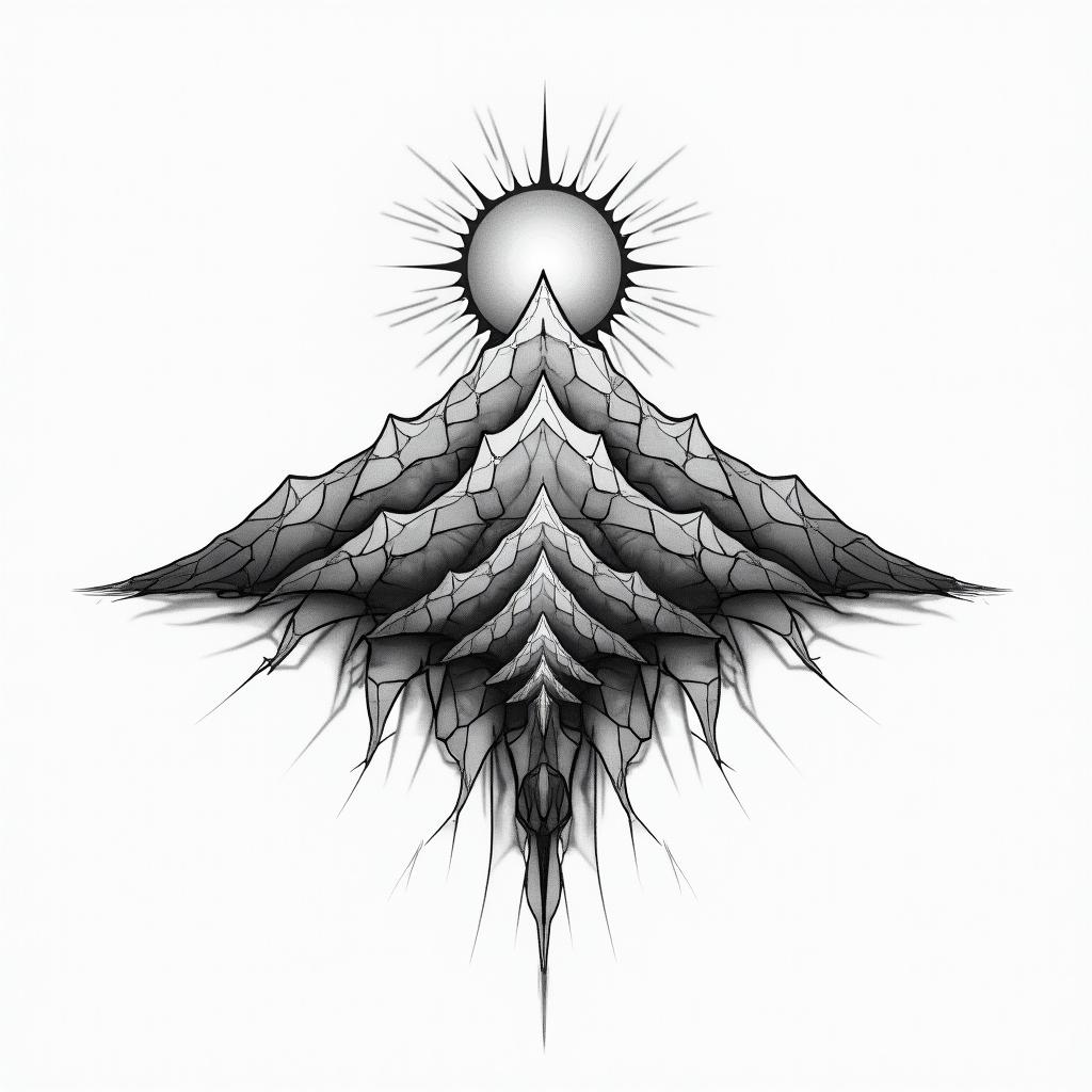Mountain range with a rising sun in geometric style tattoo, blending hexagons, mandala-inspired patterns, symmetrical and fractal design, clean lines, sharp angles - Variation 3