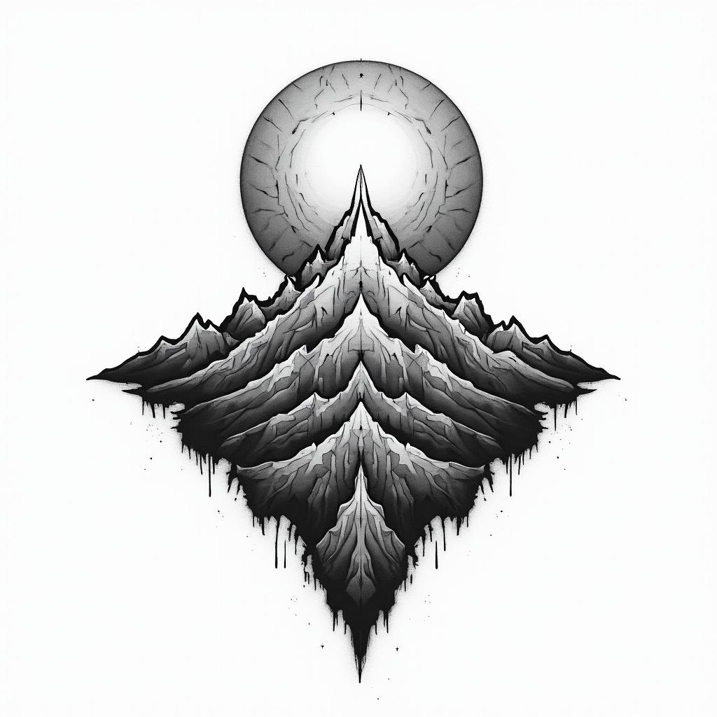 Mountain range with a rising sun in geometric style tattoo, blending hexagons, mandala-inspired patterns, symmetrical and fractal design, clean lines, sharp angles - Variation 4