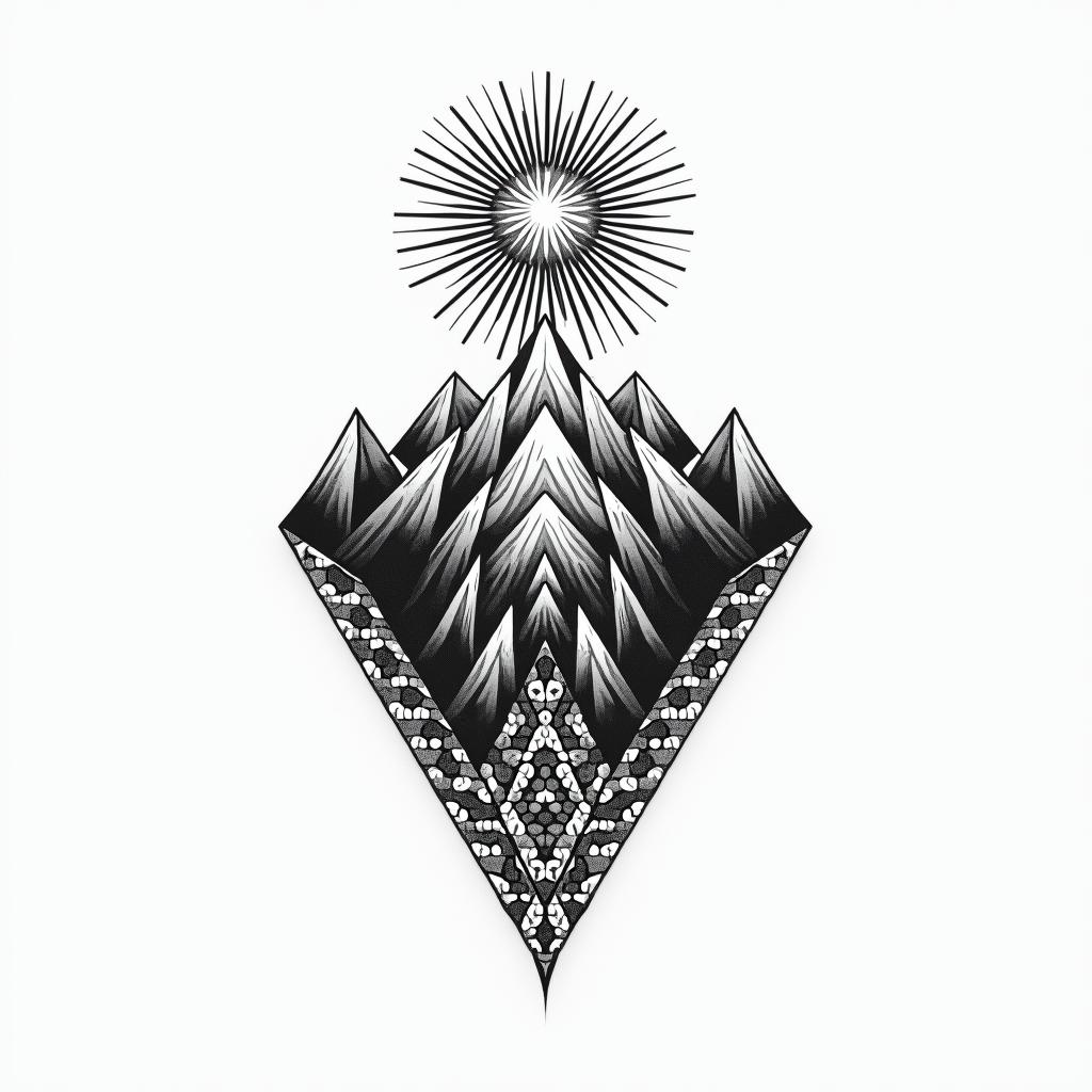 Mountain range with a rising sun in geometric style tattoo, blending hexagons, mandala-inspired patterns, symmetrical and fractal design, clean lines, sharp angles - Variation 2