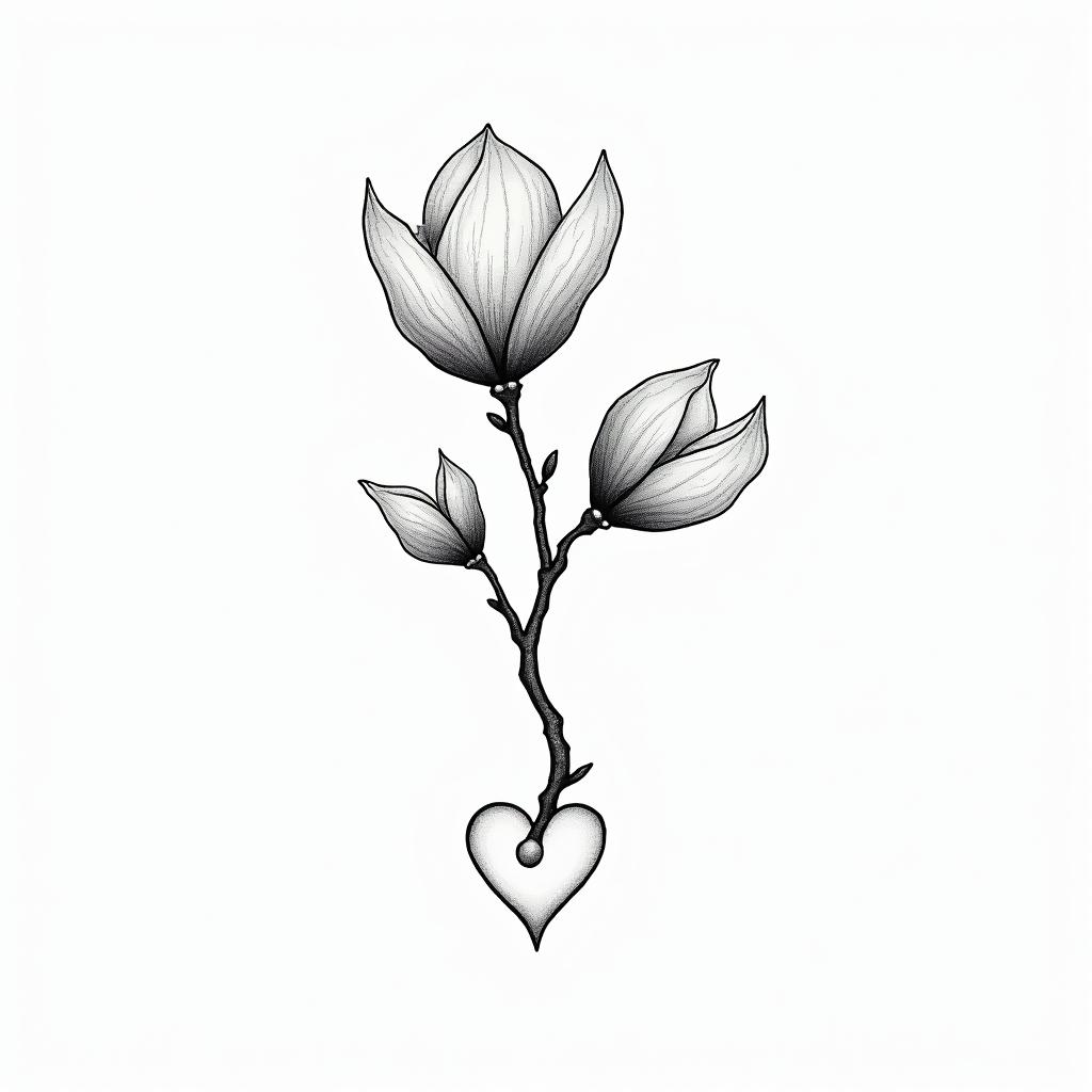 Magnolia treein Modest style tattoo, featuring soft, delicate line work with simple and meaningful symbols, gentle waves, a heart, evoking a sense of serenity and grace, - Variation 3