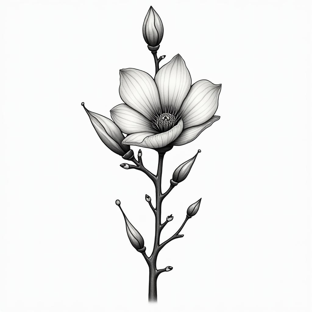 Magnolia treein Modest style tattoo, featuring soft, delicate line work with simple and meaningful symbols, gentle waves, a heart, evoking a sense of serenity and grace, - Variation 4