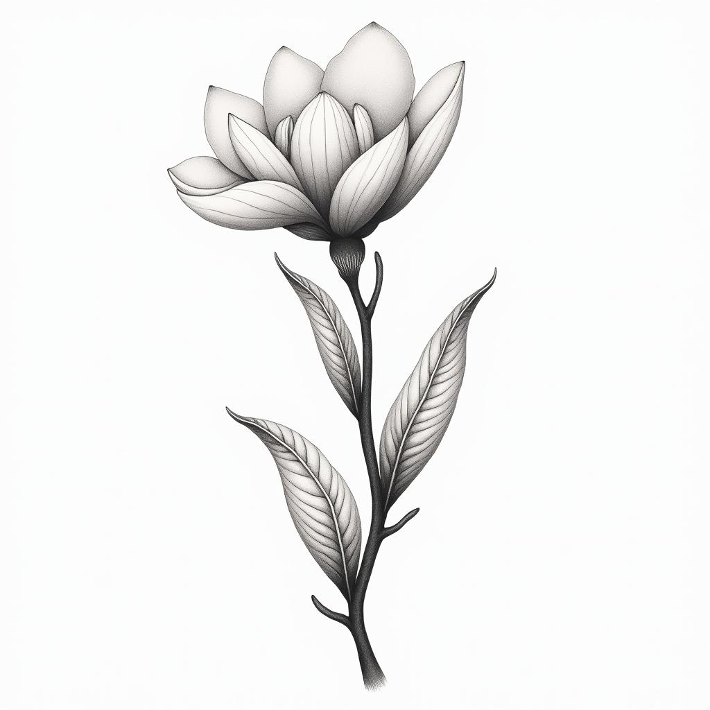 Magnolia treein Modest style tattoo, featuring soft, delicate line work with simple and meaningful symbols, gentle waves, a heart, evoking a sense of serenity and grace,