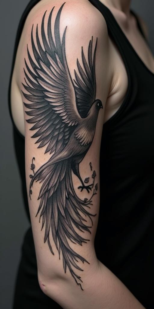 arm cover up, mother of 3 kids relating to a phoenixin portrait tattoo style, featuring a highly realistic and detailed depiction 