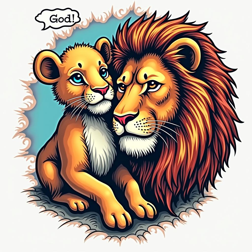 God, lamb, lion, family, self-lovein pop art style tattoo, featuring bold and vibrant colors, exaggerated outlines, iconic imagery, inspired by comic books and speech bubbles, comic book characters, retro pop culture