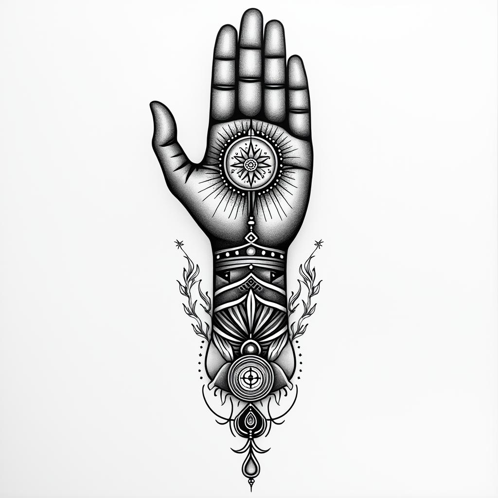 i want a full sleeve tattoo including a buddhism hand, as well as a flaming sun & arabic letters meaning water signsin spiritual symbols tattoo style, featuring an intricate design incorporating elements, Hamsa hand, third eye, minimalist composition