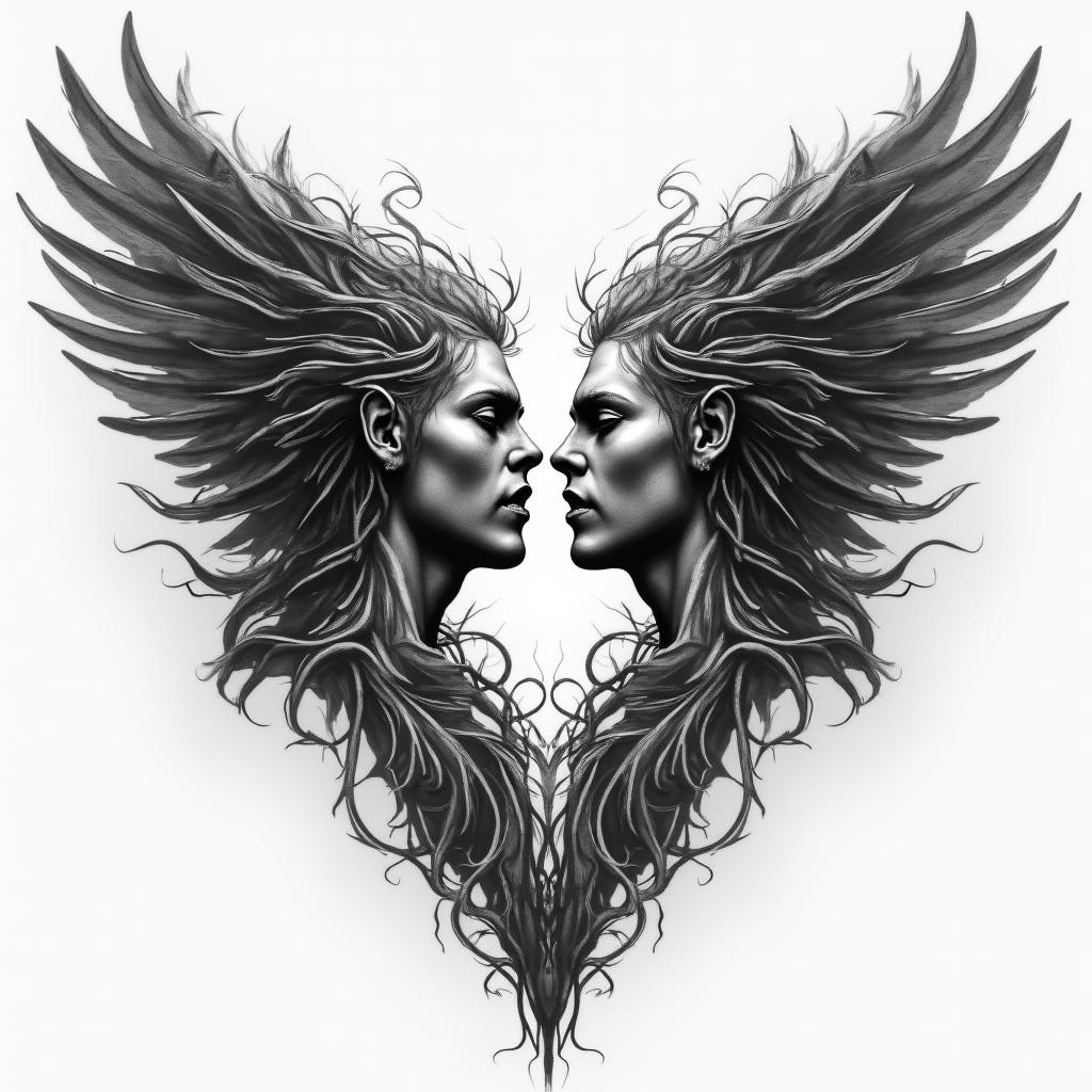 Heaven and hell battlein portrait tattoo style, featuring a highly realistic and detailed depiction - Variation 4