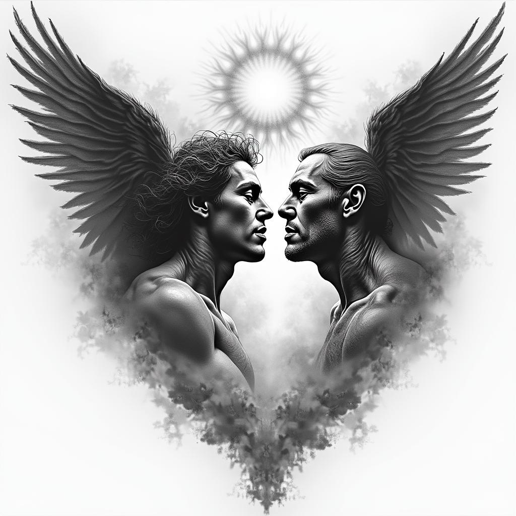 Heaven and hell battlein portrait tattoo style, featuring a highly realistic and detailed depiction - Variation 3