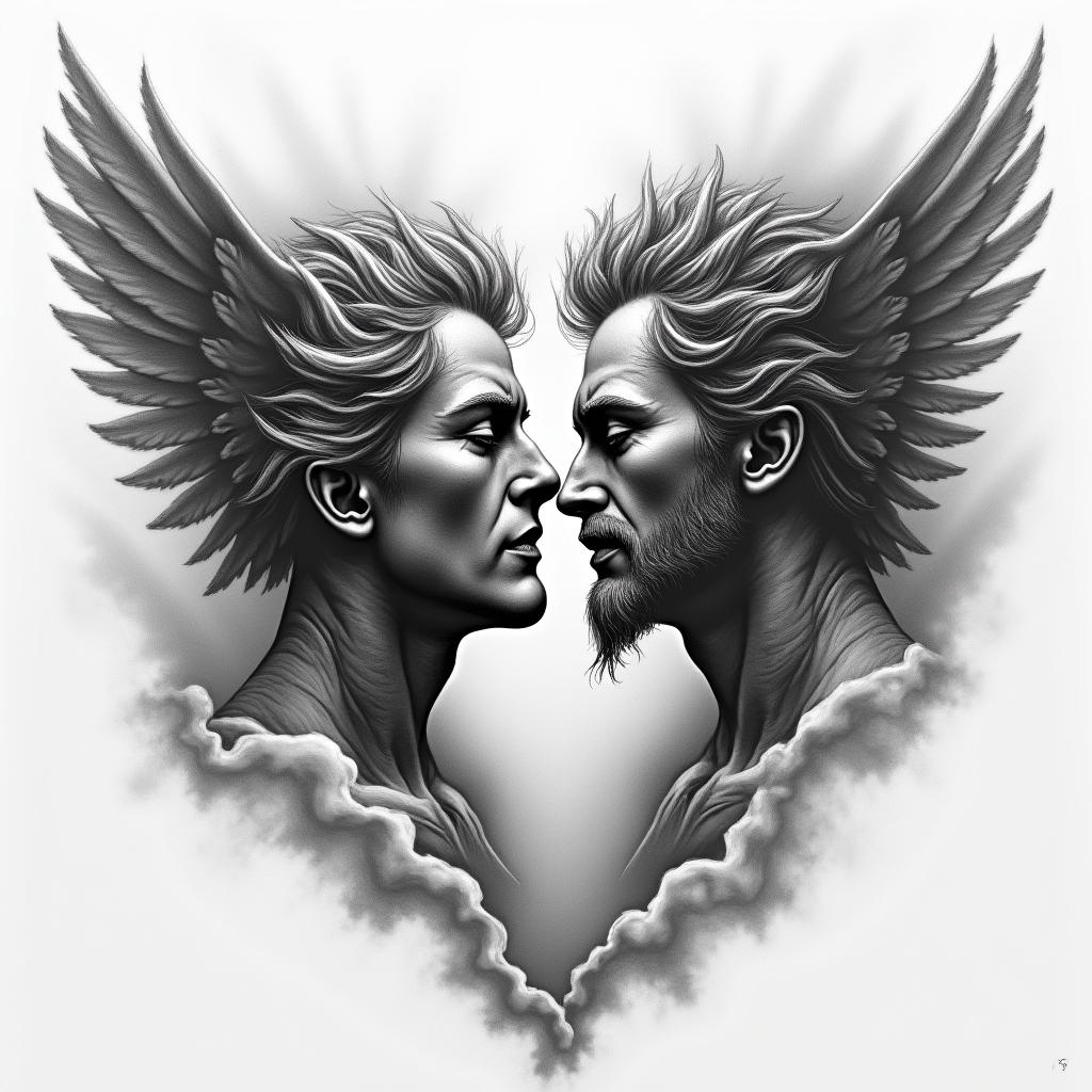 Heaven and hell battlein portrait tattoo style, featuring a highly realistic and detailed depiction - Variation 2