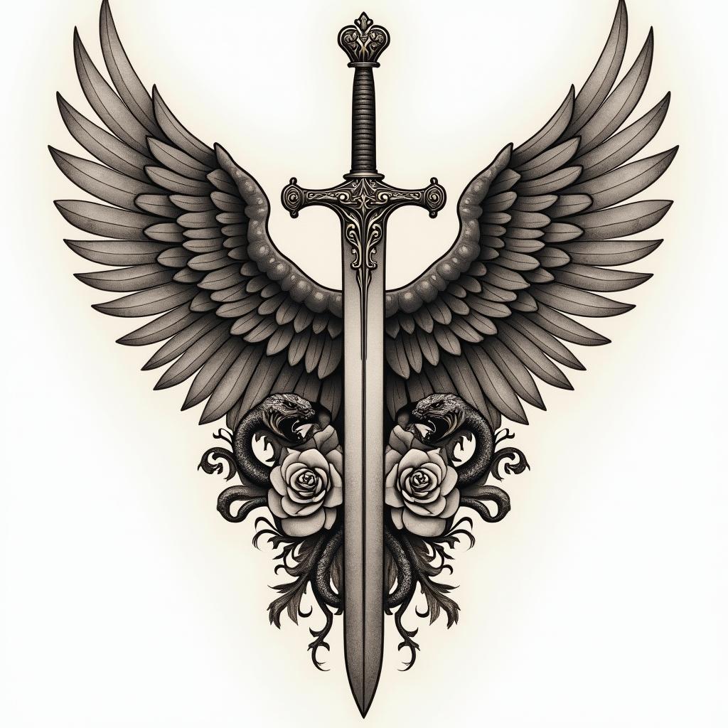 Back tattoo with wings across shoulder. A sword down the middle with two vipers along the blade and the sword handle with either a cross of crown designin victorian style tattoo, featuring vintage and elegant elements, ornate frames, roses, antique, sepia-toned color scheme - Variation 3