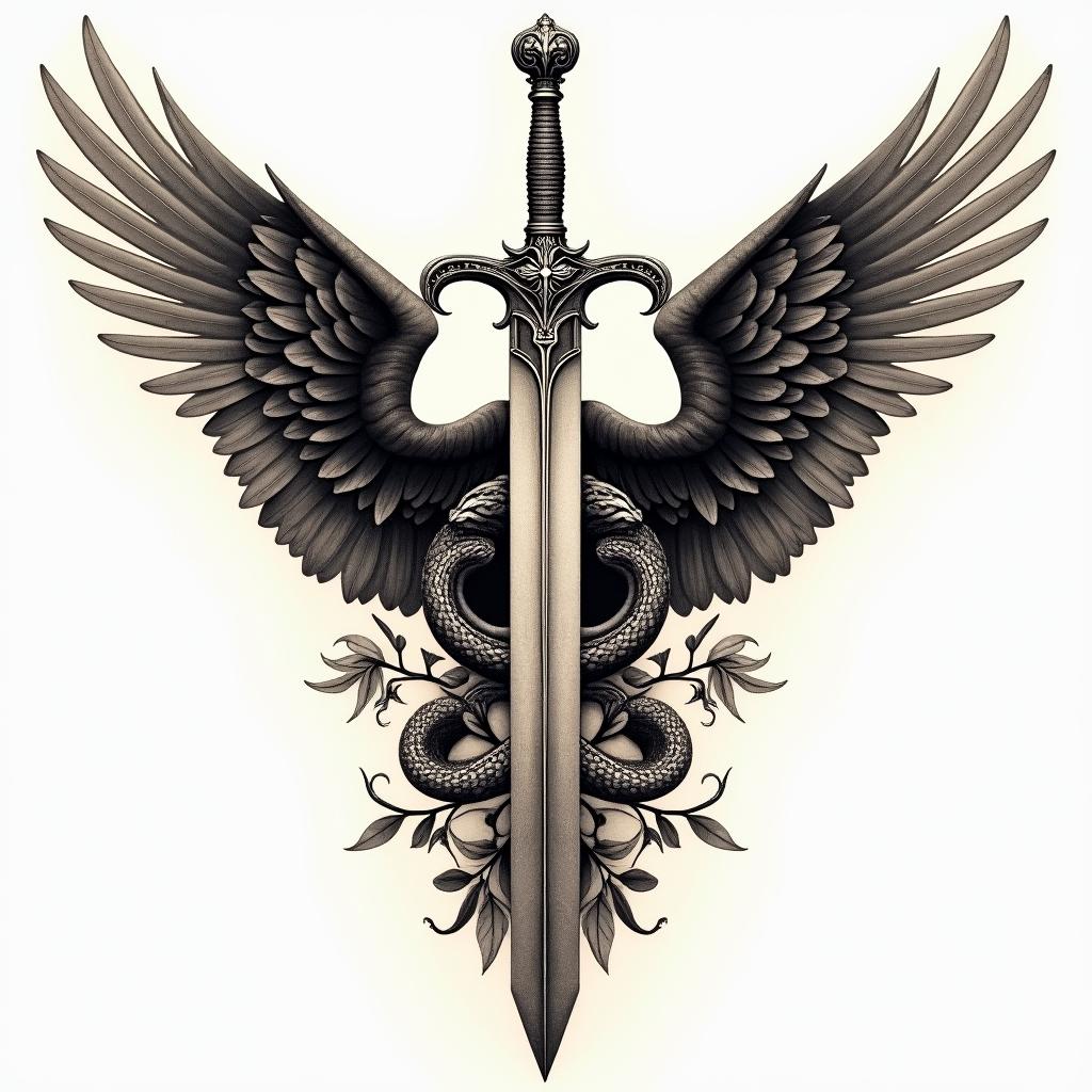 Back tattoo with wings across shoulder. A sword down the middle with two vipers along the blade and the sword handle with either a cross of crown designin victorian style tattoo, featuring vintage and elegant elements, ornate frames, roses, antique, sepia-toned color scheme - Variation 4