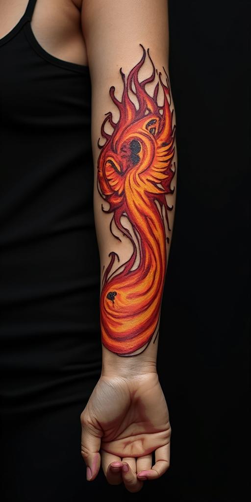 arm cover up, mother of 3 kids relating to a phoenixin flame tattoo style showcasing fiery elements with dynamic flame patterns, glowing effect of flames, natural colors - Variation 2