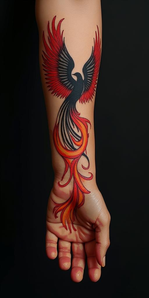 arm cover up, mother of 3 kids relating to a phoenixin flame tattoo style showcasing fiery elements with dynamic flame patterns, glowing effect of flames, natural colors