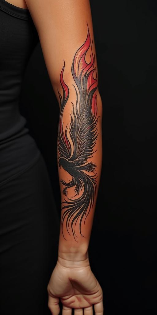 arm cover up, mother of 3 kids relating to a phoenixin flame tattoo style showcasing fiery elements with dynamic flame patterns, glowing effect of flames, natural colors - Variation 3