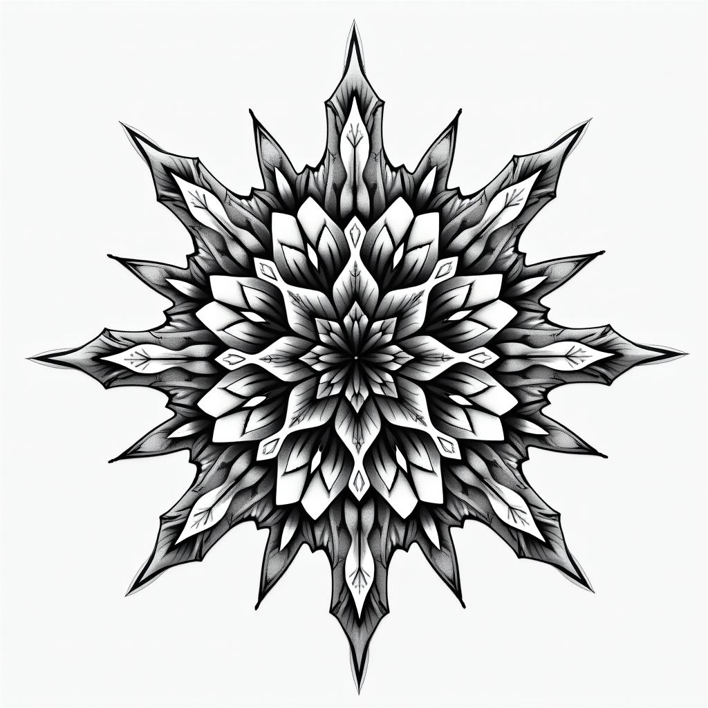 Fractal, Mandelbrot in geometric style tattoo, blending hexagons, mandala-inspired patterns, symmetrical and fractal design, clean lines, sharp angles - Variation 2