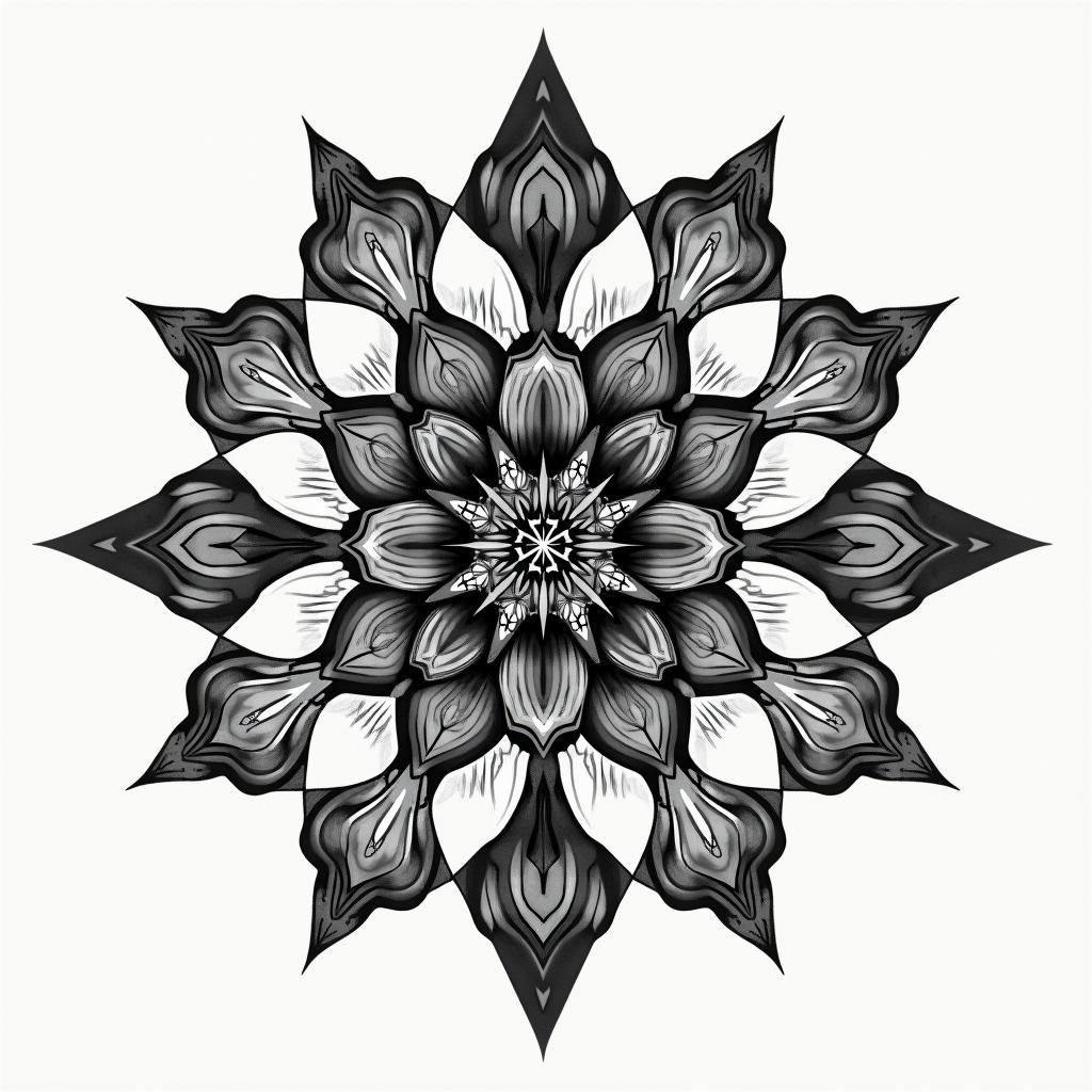 Fractal, Mandelbrot in geometric style tattoo, blending hexagons, mandala-inspired patterns, symmetrical and fractal design, clean lines, sharp angles - Variation 3