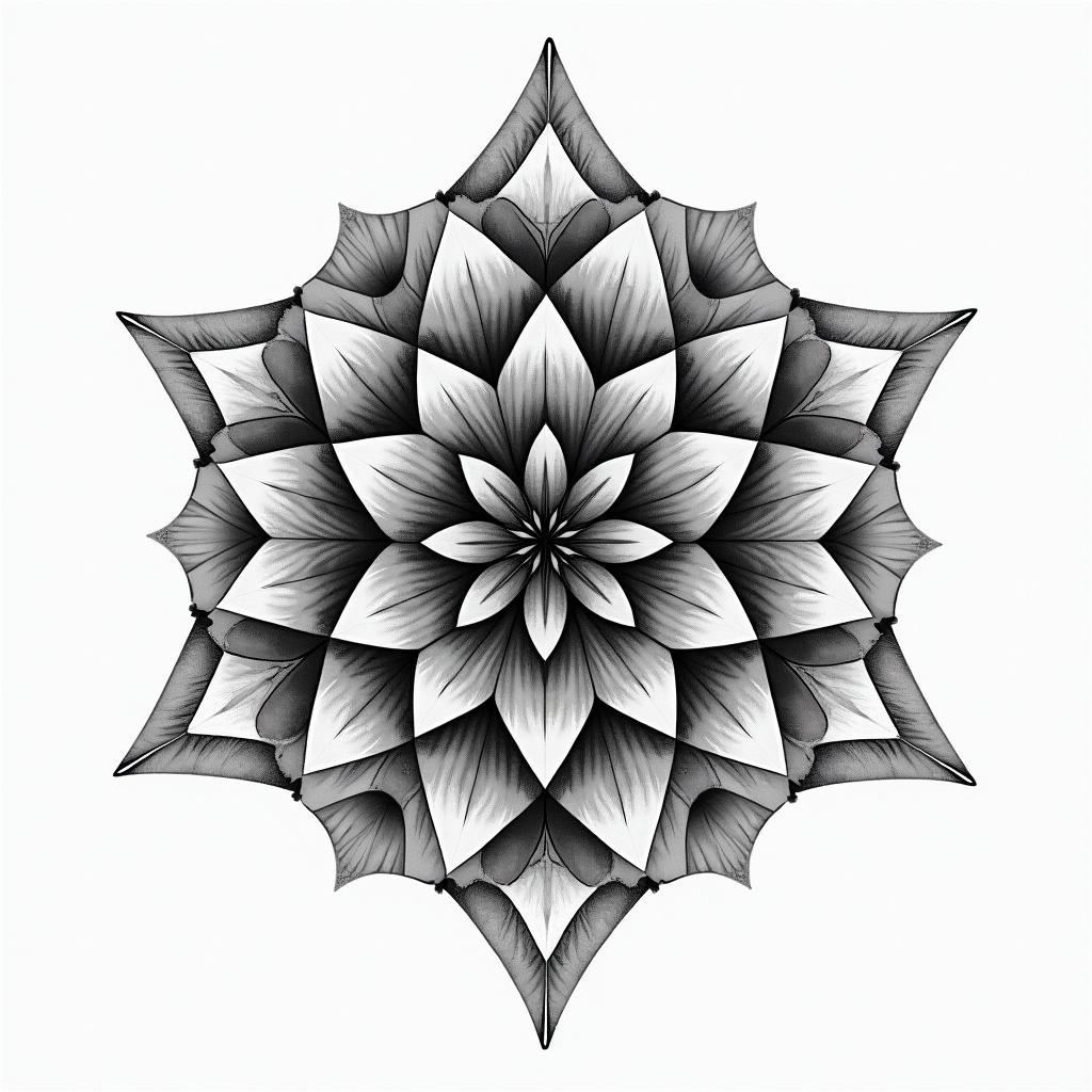 Fractal, Mandelbrot in geometric style tattoo, blending hexagons, mandala-inspired patterns, symmetrical and fractal design, clean lines, sharp angles