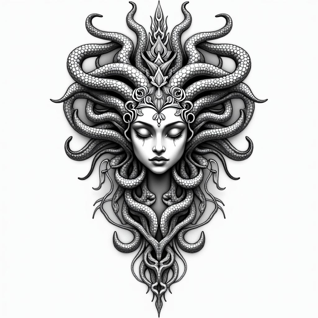Medusa, childhood trauma, rebirth, beauty, deathin dotwork style tattoo, complex mandala patterns, interlocking geometric shapes with sharp symmetry, clean lines, sharp angles - Variation 4