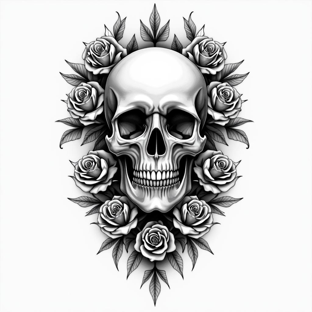 skull with roses either side and moonshigly detailed tattoo