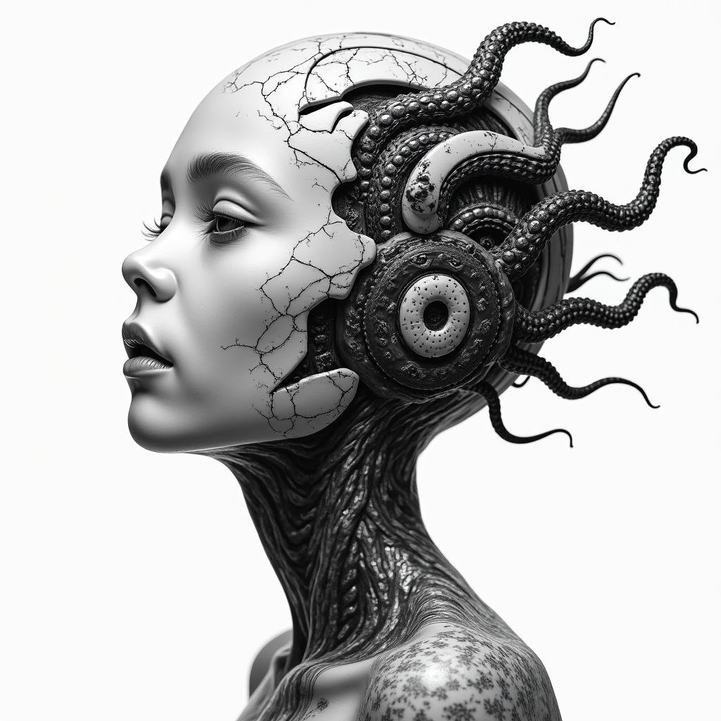 Medusa, childhood trauma, rebirth, beauty, deathtattoo in biomechanic style, the tattoo covered by robotic elements of futuristic cyberpunk design, robotic features detail, showcasing intricate mechanical components