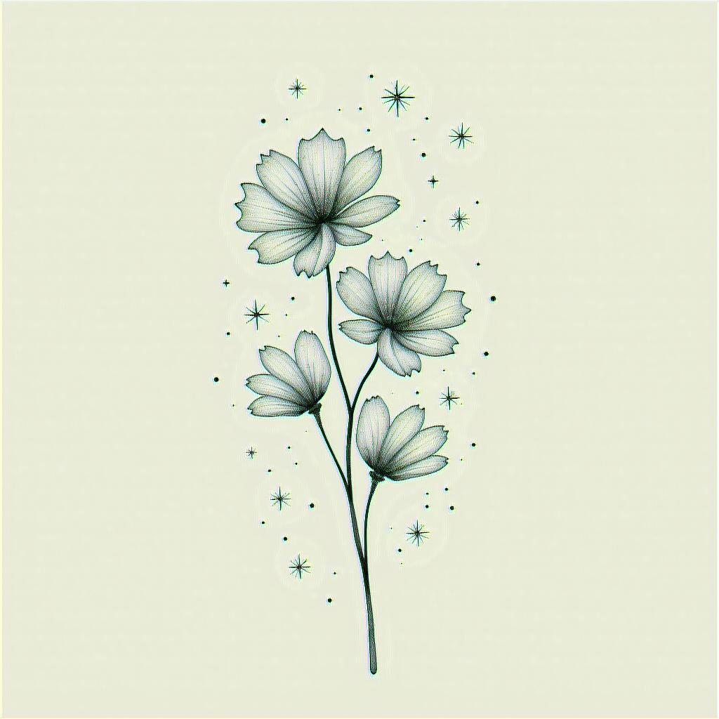 A minimal yet elegant tattoo design featuring forget-me-not flowers intertwined with stars, representing the connection and happy moments shared with a significant person. The composition reflects themes of hope and beauty, all rendered in a monochrome style to capture the essence of the meaningful lyrics "and if you get lost in the light it’s okay, I can see in the dark."higly detailed tattoo - Variation 4