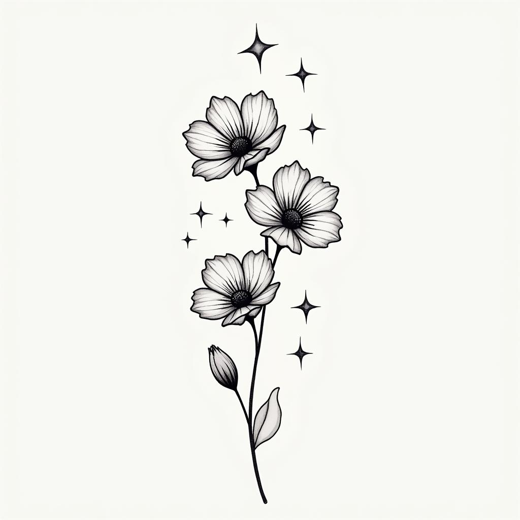 A minimal yet elegant tattoo design featuring forget-me-not flowers intertwined with stars, representing the connection and happy moments shared with a significant person. The composition reflects themes of hope and beauty, all rendered in a monochrome style to capture the essence of the meaningful lyrics "and if you get lost in the light it’s okay, I can see in the dark."higly detailed tattoo