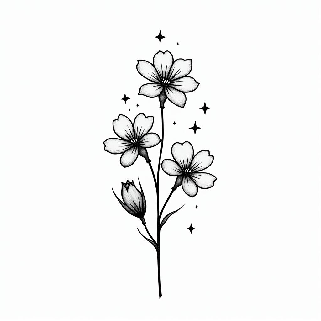 A minimal yet elegant tattoo design featuring forget-me-not flowers intertwined with stars, representing the connection and happy moments shared with a significant person. The composition reflects themes of hope and beauty, all rendered in a monochrome style to capture the essence of the meaningful lyrics "and if you get lost in the light it’s okay, I can see in the dark."higly detailed tattoo - Variation 2
