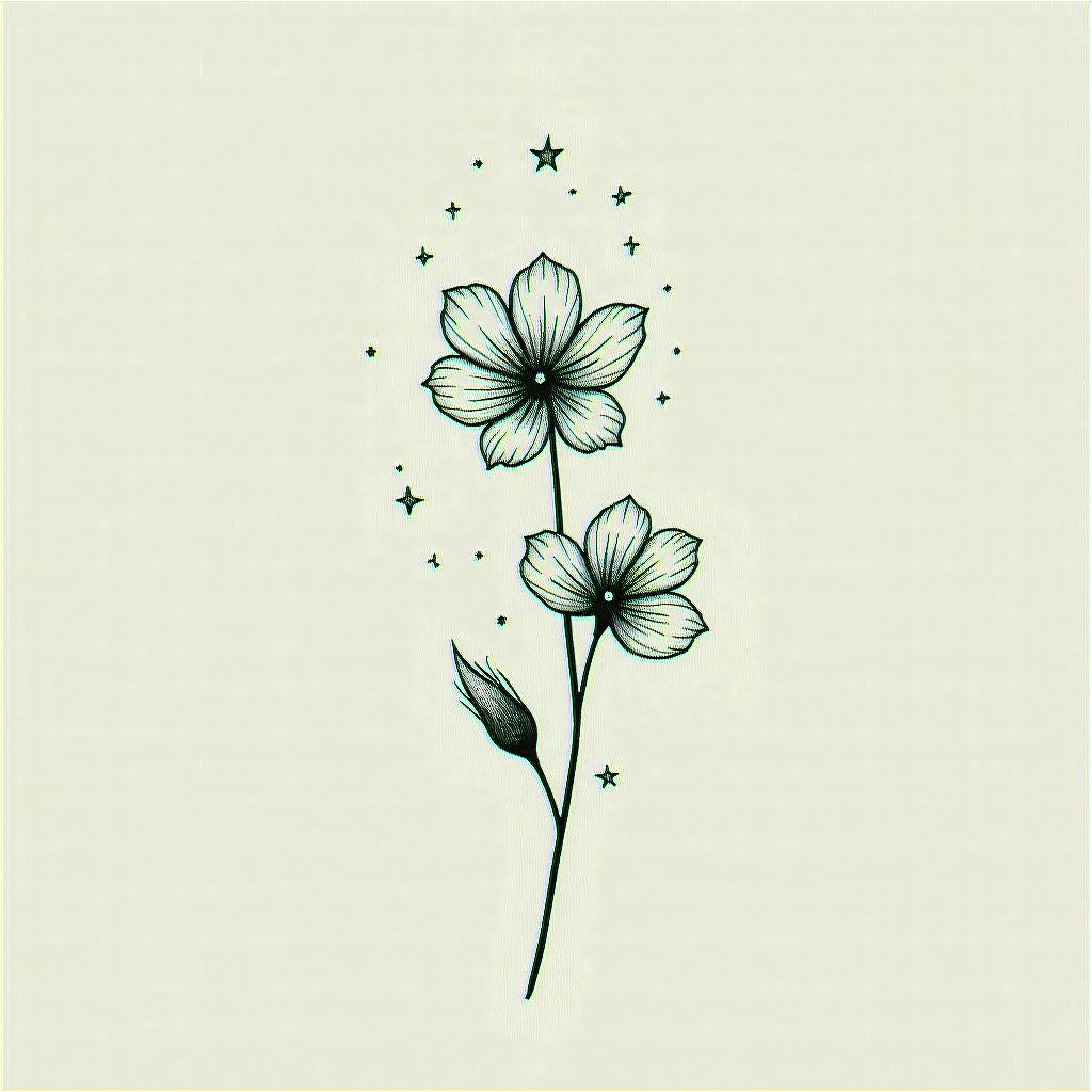 A minimal yet elegant tattoo design featuring forget-me-not flowers intertwined with stars, representing the connection and happy moments shared with a significant person. The composition reflects themes of hope and beauty, all rendered in a monochrome style to capture the essence of the meaningful lyrics "and if you get lost in the light it’s okay, I can see in the dark."higly detailed tattoo - Variation 3