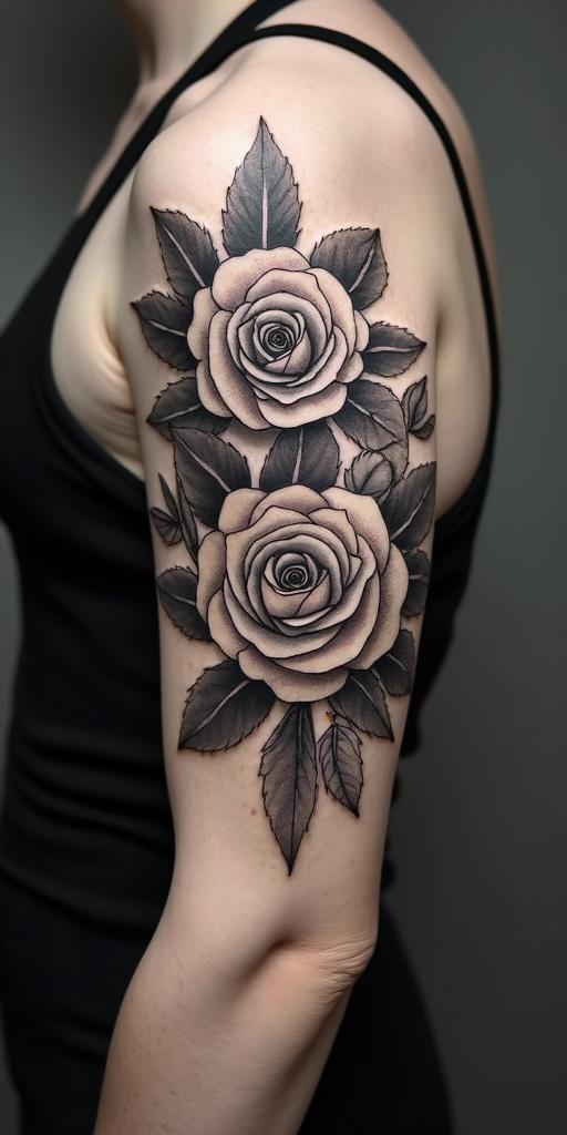 2 roses with word सन्तोष above them surrounded by a Māori patternhigly detailed tattoo - Variation 2